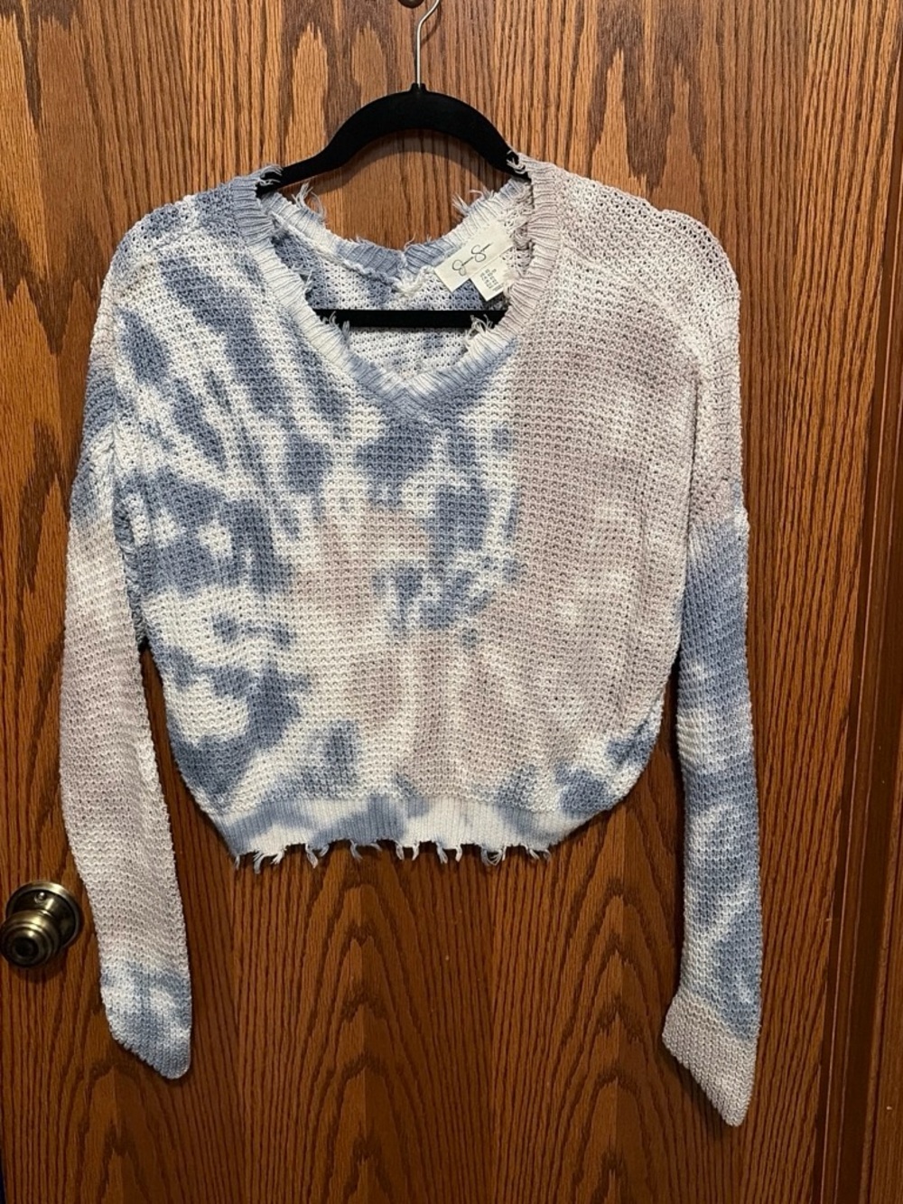 Jessica Simpson Blue and White Tie-Dye Distressed Knit Sweater